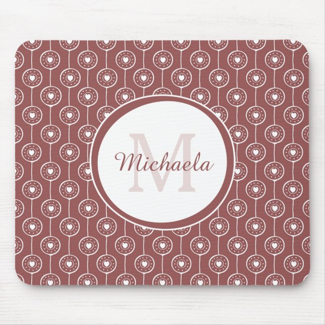 Stylish Reddish Brown Hearts Monogram With Name Mouse Mat (Front)