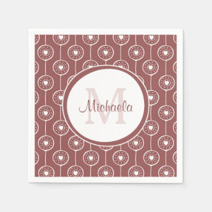 Stylish Reddish Brown Hearts Monogram With Name Napkin