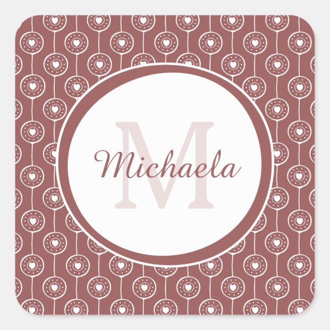 Stylish Reddish Brown Hearts Monogram With Name Square Sticker (Front)
