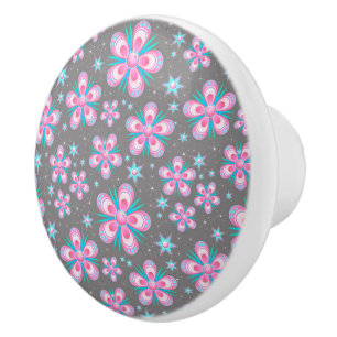 Stylish Retro 60s Pink & Turquoise Flowers Ceramic Knob