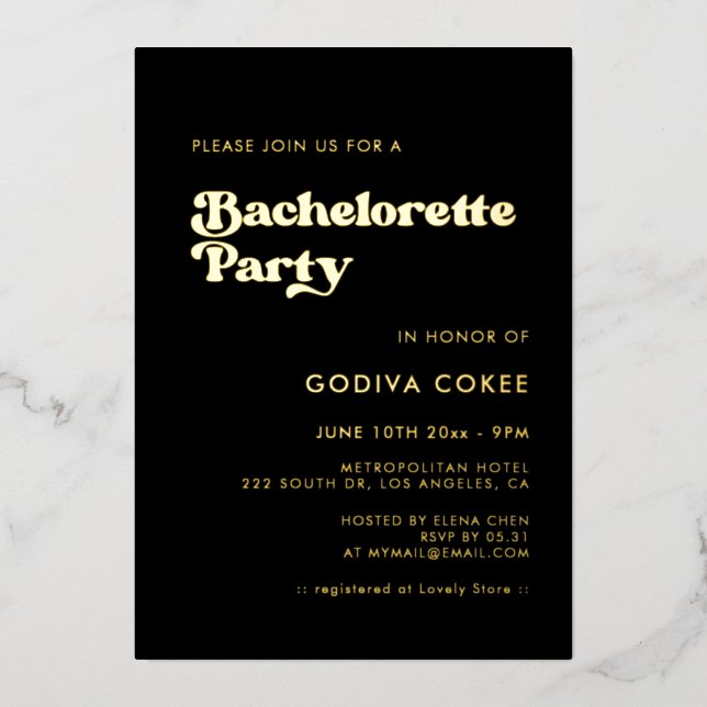 Stylish retro black & gold Bachelorette Party (Front)