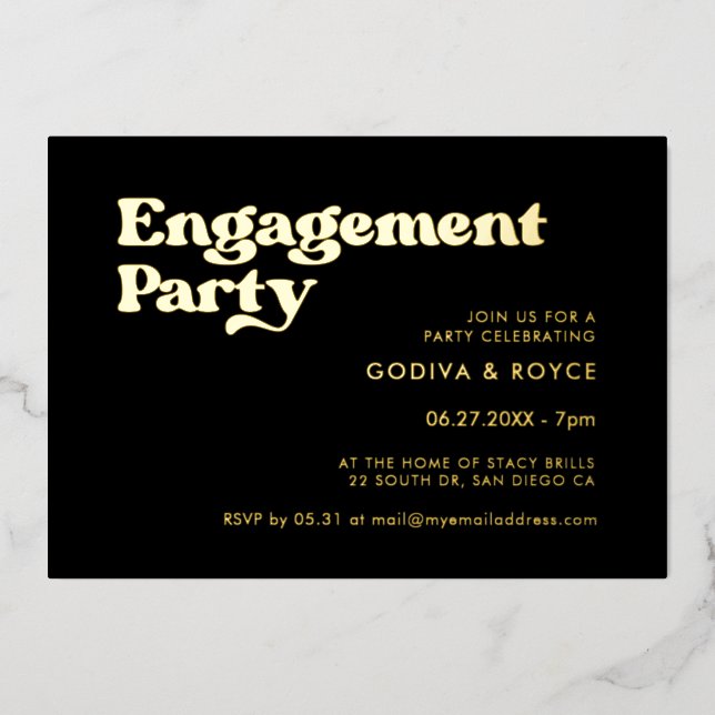 Stylish retro black & gold Engagement party (Front)