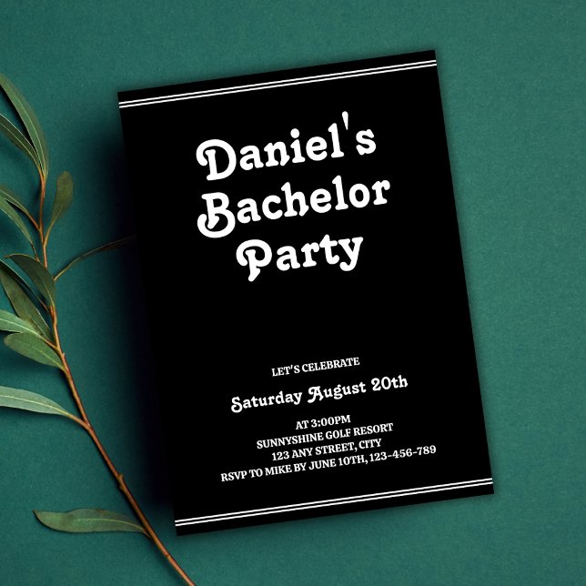 Stylish Retro Black Simple Groovy Bachelor Party Invitation (Retro Black Simple Groovy Stylish Bachelor Party Invitation)