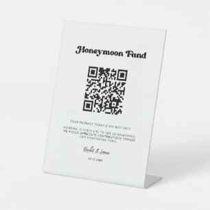 Stylish retro black & white Honeymoon fund QR code Pedestal Sign