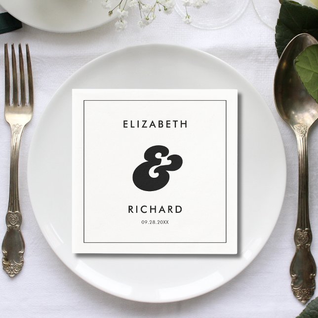 Stylish Retro Black & White Wedding Napkin (Retro black and white wedding napkins add a stylish, cohesive touch to your reception table.)