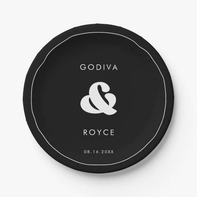 Stylish retro black & white wedding paper plate (Front)