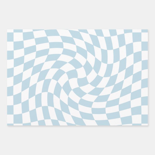 Stylish Retro Blue Pastel Warped Chequerboard Wrapping Paper Sheet (Front)