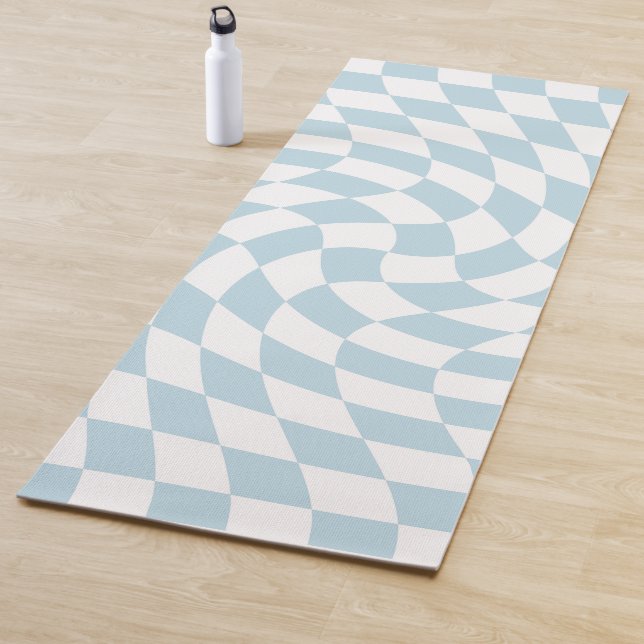 Stylish Retro Blue Pastel Warped Chequerboard Yoga Mat (In Situ)