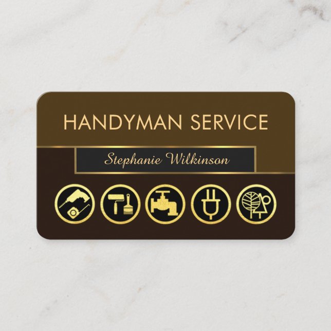 Stylish Retro Brown Shades Gold Handyman Tools Business Card (Front)