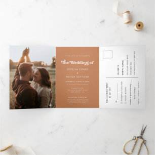 Stylish retro brown sugar all-in-one wedding photo Tri-Fold invitation