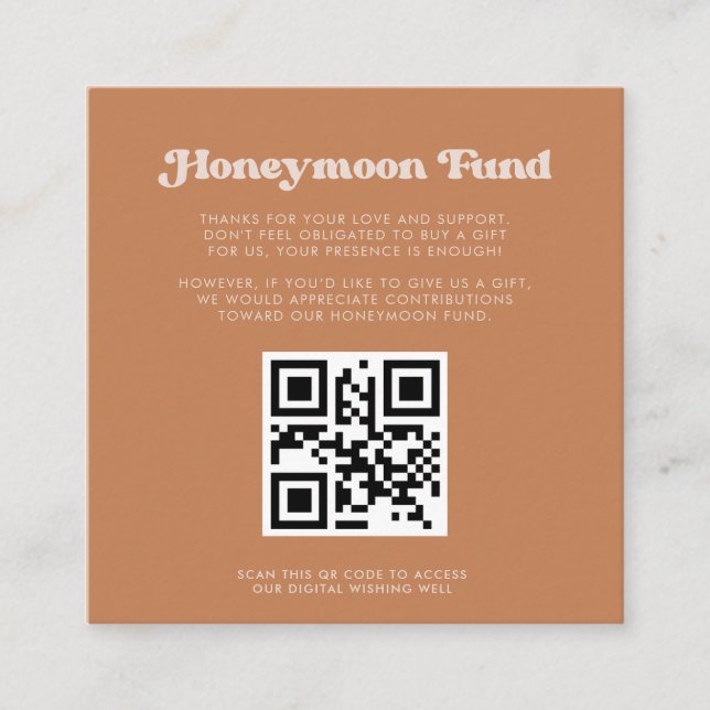 Stylish retro Brown sugar Honeymoon fund QR code Enclosure Card (Front)