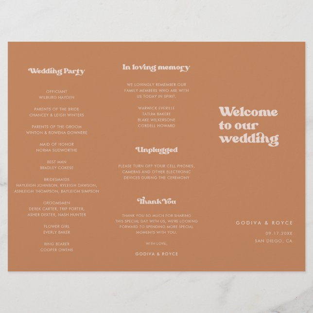 Stylish retro Brown sugar Trifold Wedding Program Flyer (Back)