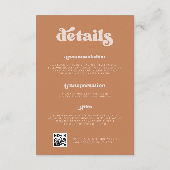 Stylish retro Brown sugar Wedding Details QR code Enclosure Card (Front)