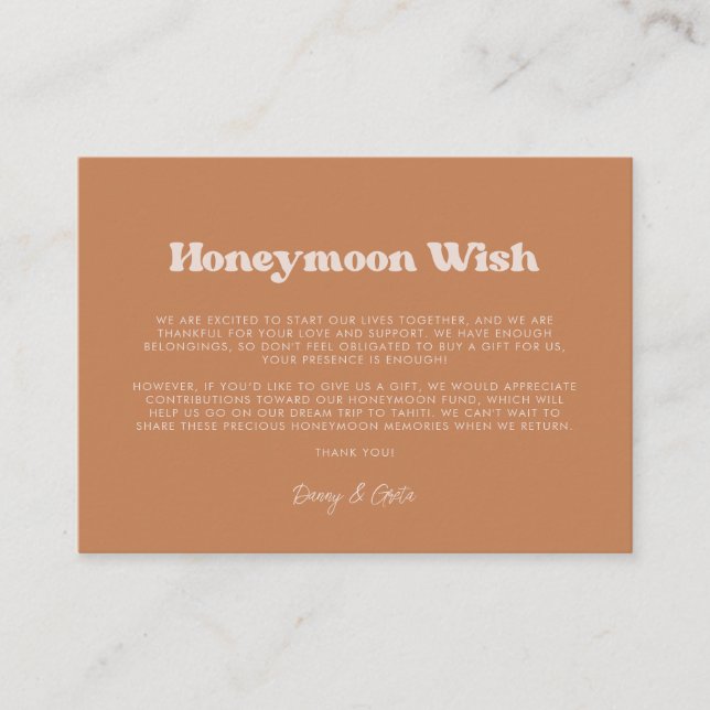 Stylish retro Brown sugar Wedding Honeymoon wish Enclosure Card (Front)