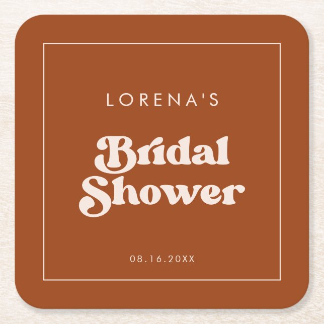 Stylish retro Burnt Orange Bridal Shower Square Paper Coaster (Front)