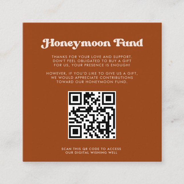 Stylish retro Burnt Orange Honeymoon fund QR code Enclosure Card (Front)