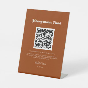 Stylish retro Burnt Orange Honeymoon fund QR code Pedestal Sign