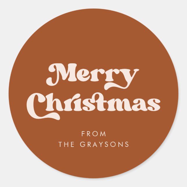 Stylish Retro Burnt Orange Merry Christmas Classic Round Sticker (Front)