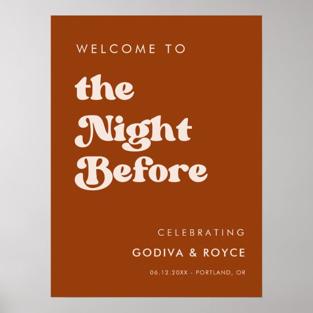 Stylish retro Burnt Orange Night before Welcome Poster (Front)