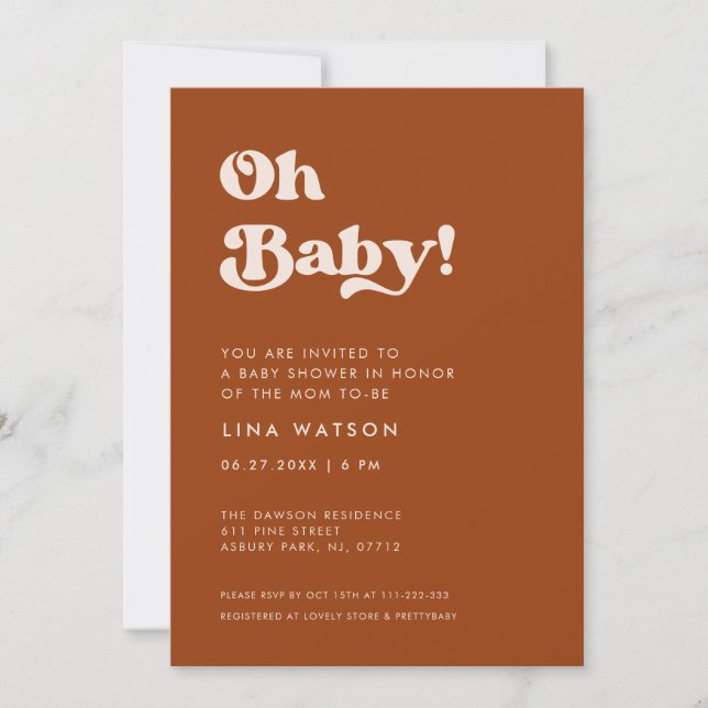Stylish retro Burnt Orange Oh Baby Invitation (Front)