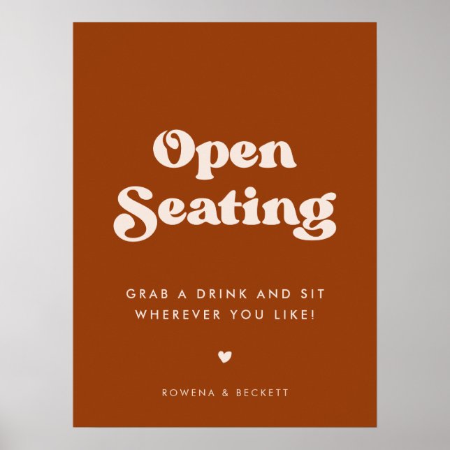 Stylish retro Burnt Orange Open Seating Wedding Poster (Front)
