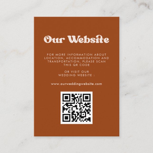 Stylish retro Burnt Orange QR code wedding website Enclosure Card (Front)