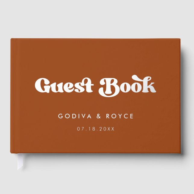 Stylish Retro Burnt Orange Silver foil wedding Guest Book (Front)
