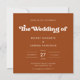 Stylish retro Burnt Orange Square wedding Invitation