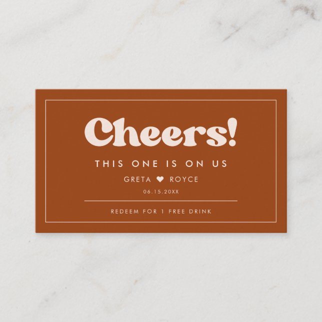 Stylish retro Burnt Orange Wedding Drink ticket (Front)