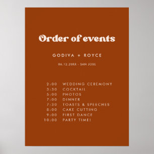 Stylish retro Burnt Orange Wedding Order of events Poster