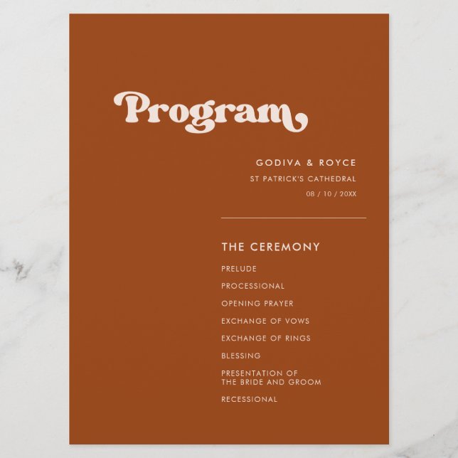 Stylish retro burnt orange wedding program programme (Front)