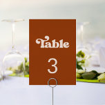 Stylish retro burnt orange wedding table number<br><div class="desc">A retro chic theme: adopt this slightly vintage and stylish typographic design for your wedding stationery,  with a burnt orange,  terracotta,  brown sugar & peach pink colour theme. Fully customisable text,  colours and backgrounds.</div>