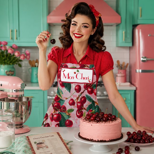 Stylish Retro 'Cherry Pop' Pink Personalised  Apron (Vintage Retro 'Cherry Pop' Monogrammed Apron )