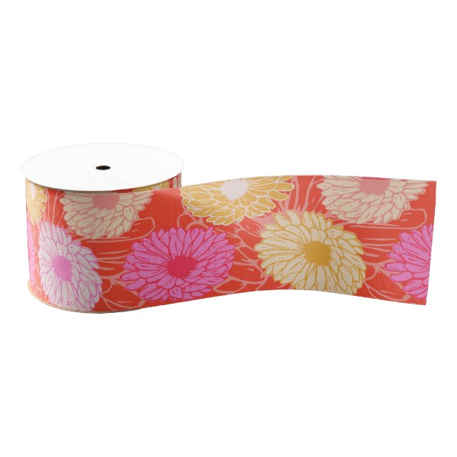 Stylish Retro Dahlia Floral Pattern Red Pink Grosgrain Ribbon (Spool)