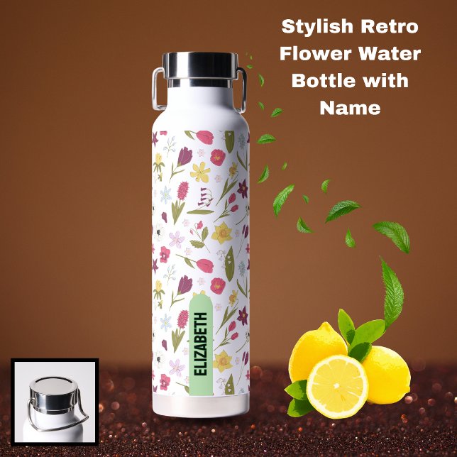 Stylish Retro Flower Water Bottle with Name (Stylish Retro Flower Water Bottle with Name)
