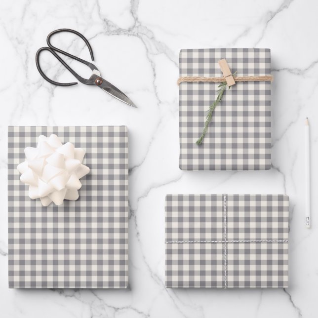 Stylish Retro Grey Gingham Plaid Pattern Wrapping Paper Sheet (Front)
