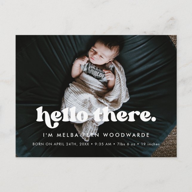 Stylish retro Hello Baby Photo Birth announcement Postcard (Front)