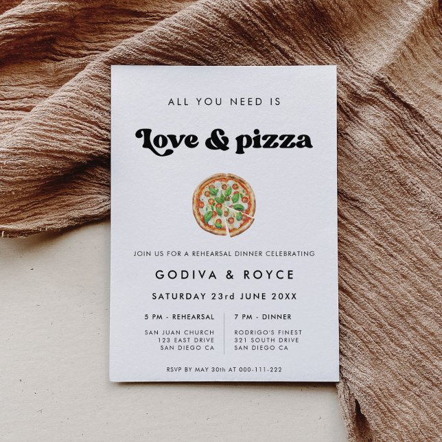 Stylish retro Love and Pizza Wedding Rehearsal Invitation (Creator Uploaded)