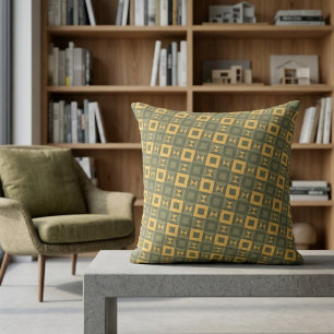Stylish Retro Olive Green Gold Geometric Pattern Cushion