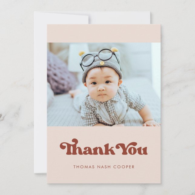 Stylish retro Peach Pink Baby shower Thank You Card (Front)
