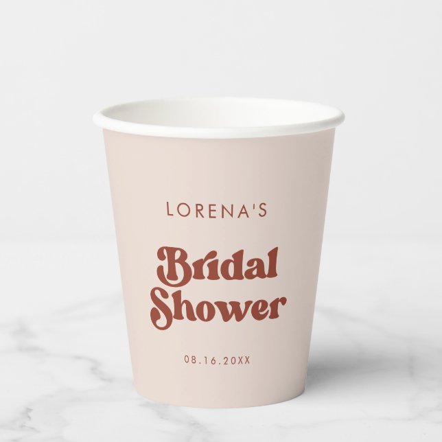 Stylish retro Peach Pink Bridal Shower Paper Cups (Front)