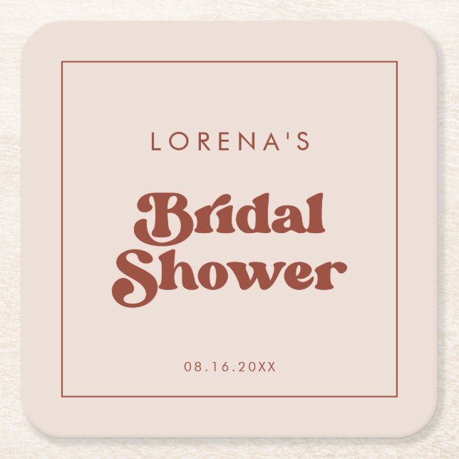 Stylish retro Peach Pink Bridal Shower Square Paper Coaster (Front)