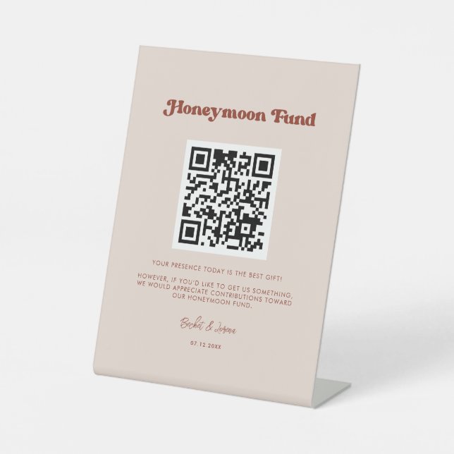 Stylish retro Peach Pink Honeymoon fund QR code Pedestal Sign (Front)