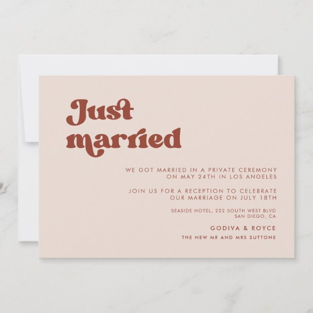 Stylish retro Peach Pink Just married card (Front)