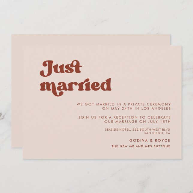 Stylish retro peach pink Just married Invitation (Front/Back)