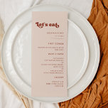 Stylish retro peach pink Let's eat wedding Menu<br><div class="desc">Let's eat! Wedding or reception party menu. A retro chic theme: adopt this slightly vintage and stylish typographic design for your wedding stationery,  with a burnt orange,  terracotta,  brown sugar & peach pink colour theme. Fully customisable text,  colours and backgrounds.</div>