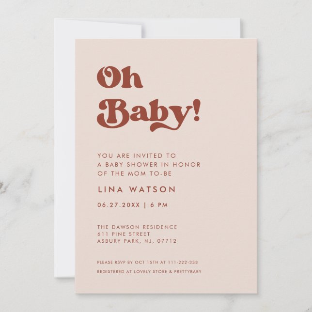 Stylish retro Peach Pink Oh Baby Invitation (Front)