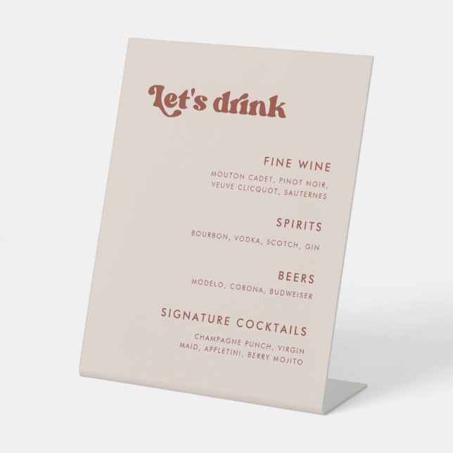 Stylish retro Peach Pink Wedding Bar menu Pedestal Sign (Front)