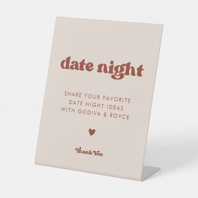 Stylish retro Peach Pink Wedding Date night ideas Pedestal Sign (Front)