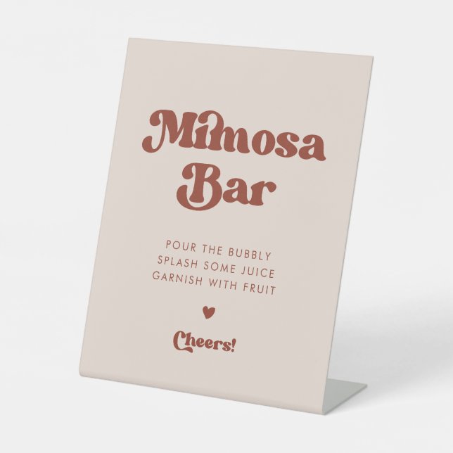 Stylish retro Peach Pink Wedding Mimosa bar Pedestal Sign (Front)